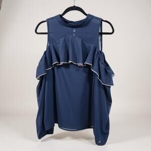 SAKS FIFTH AVENUE Crinkle Chiffon Ruffle Cold Shoulder Blouse Navy Womens Large